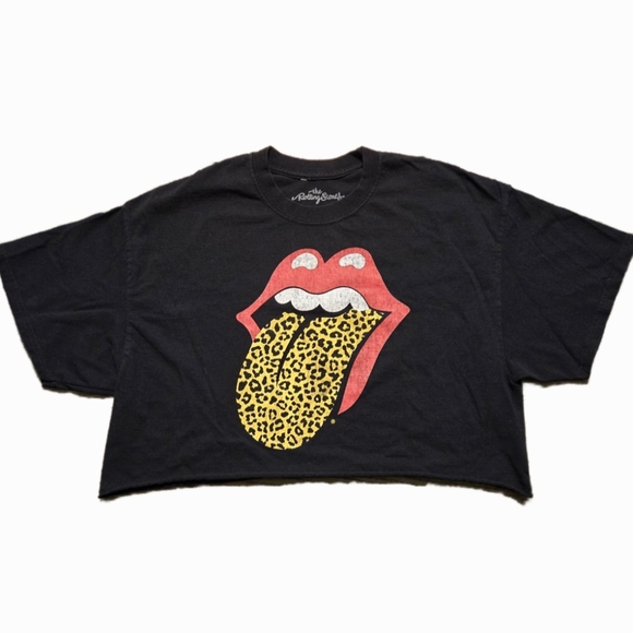 the Rolling Stones Tops - The Rolling Stones Black Cropped Band Tee Animal Print Tongue Size Large